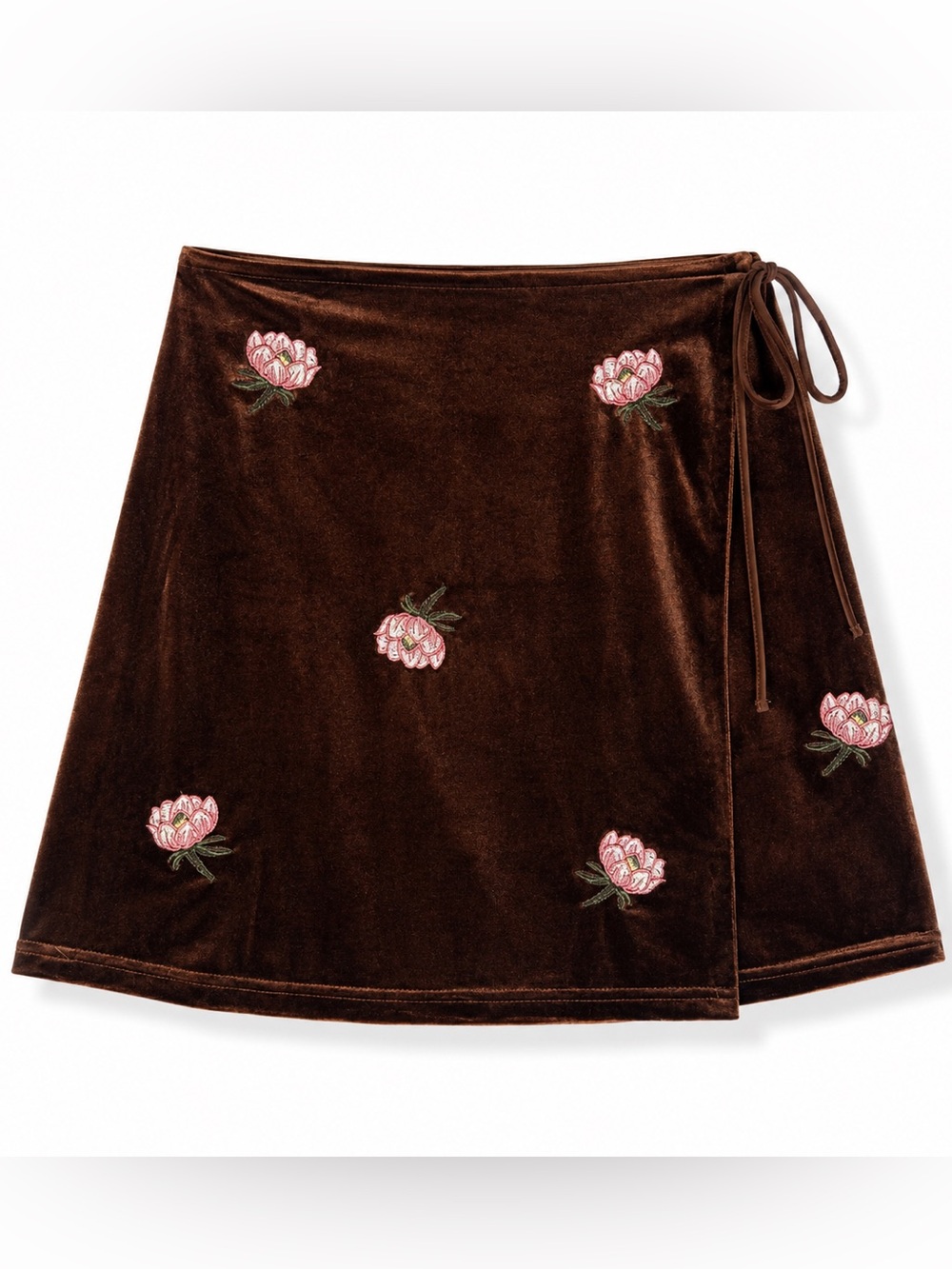 Honey Belle Brown Crushed Velvet Floral Embroidered Wrap Mini Skirt S